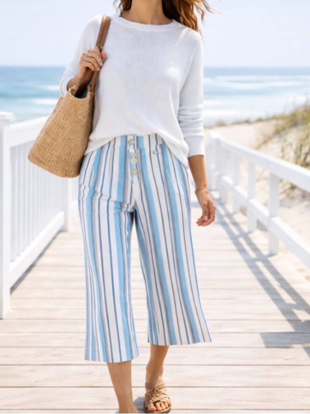 Coco Bianco,Linen/Rayon Cropped Wide-Leg Pants,Stripe Coastal Boho,EUC,Size M